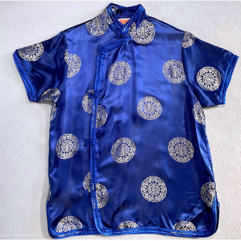 Oriental Blue Satin Mandarin Jacket Large Frog Closure Brocade Vintage